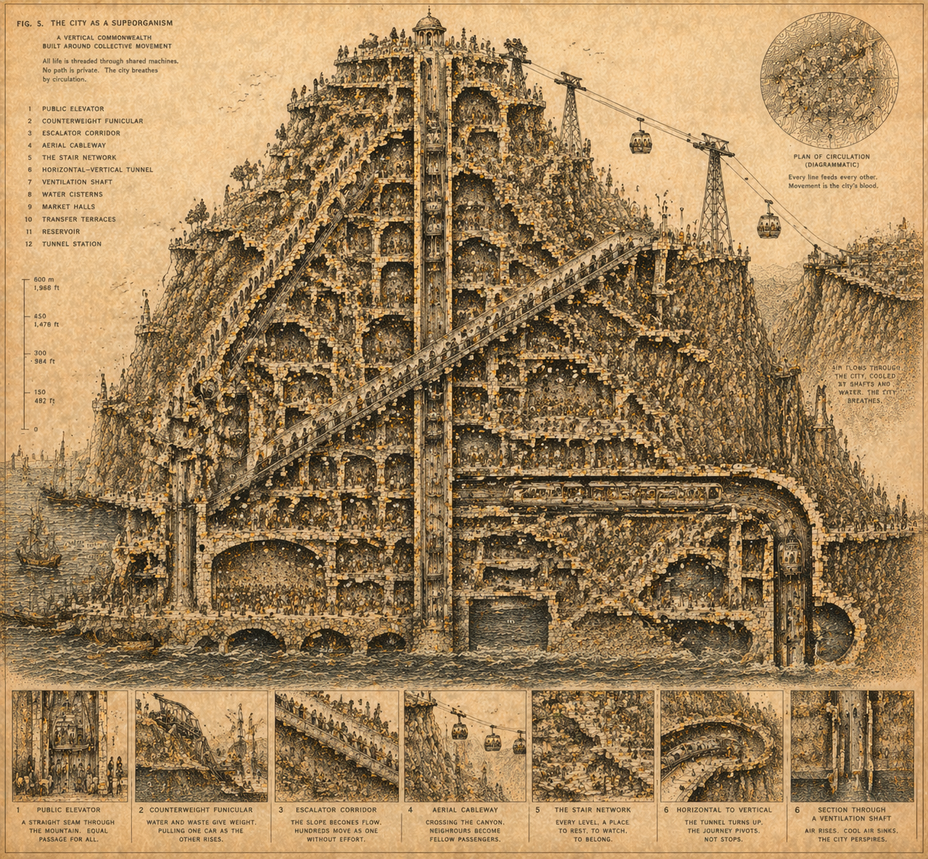 Cross-section of a speculative hillside city built entirely around collective vertical transit
